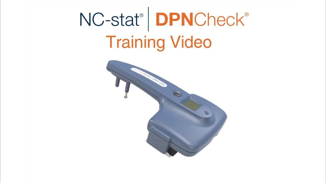 Blue NC-stat DPNCheck medical device positioned at an angle showing the handheld nerve conduction testing equipment with digital display and electrode attachmentsl